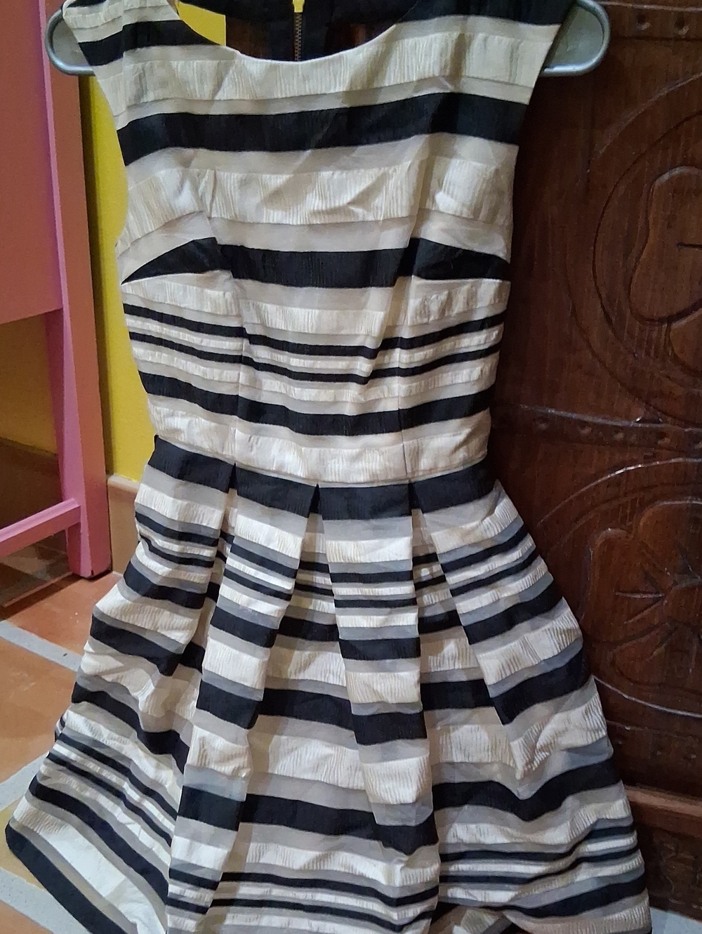 Guess by Marciano Black and Cream Striped Fit-and-Flare Dress